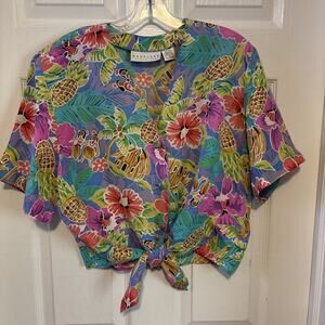 Restless Clothiers Hawaiian 100% Silk Blouse Tie Waist Women’s Med